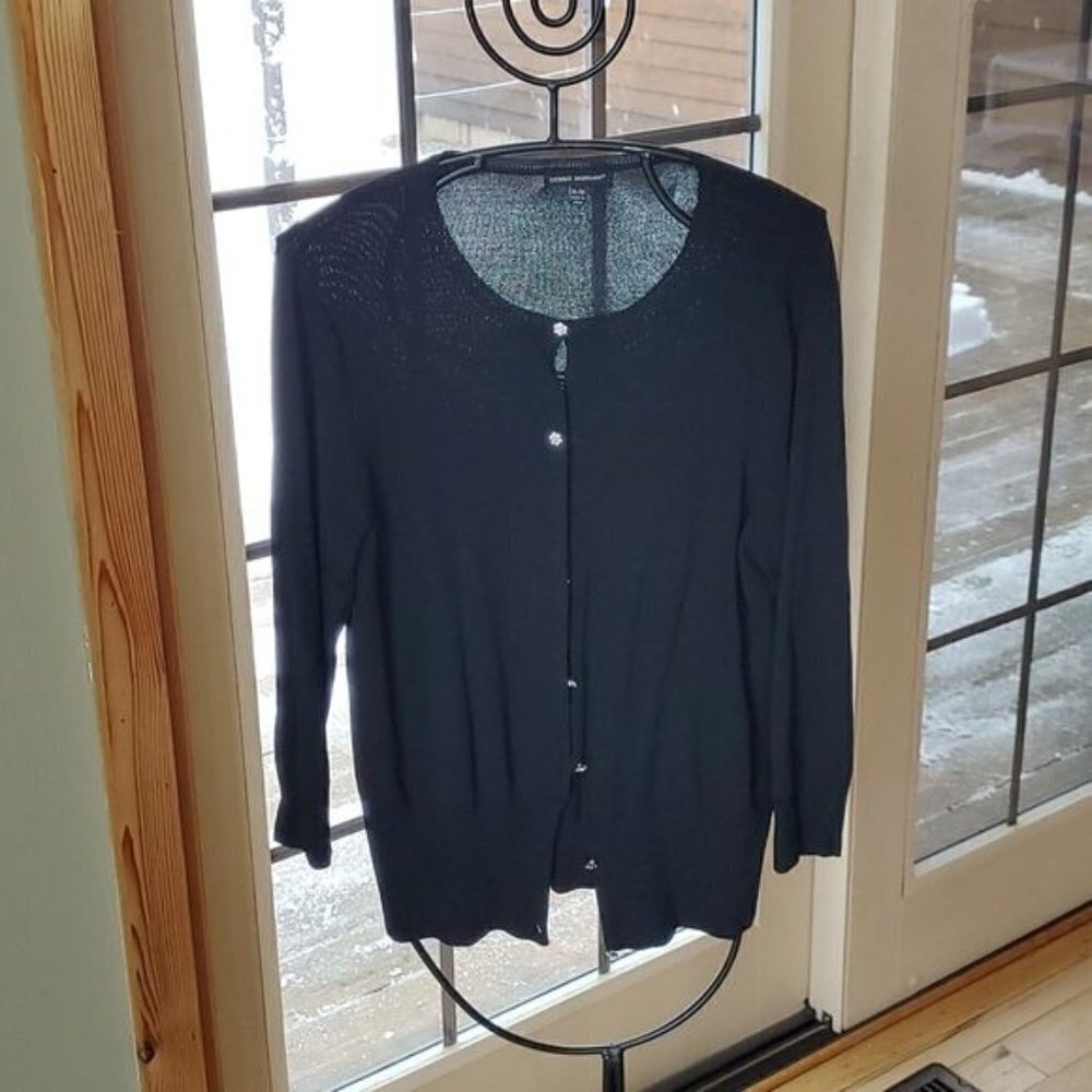 Debbie Morgan Black Cardigan XL Rhinestone Flower Button 3/4 Sleeve Ribbed Knit